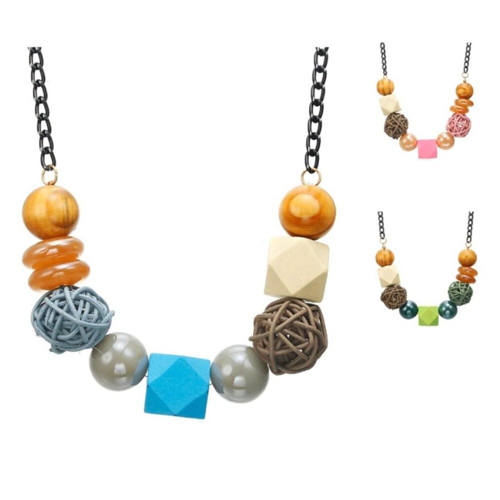 Statement bead beaded art necklace wood wooden jewelry fashion multi-color new